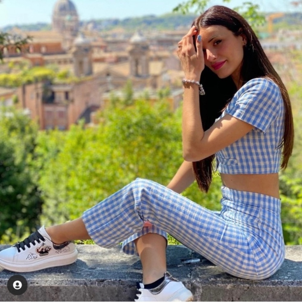 ZARA GINGHAM NWT Blue Ecru Crop Top Mini Flare Pants Set Women’s XS New w/ Tags